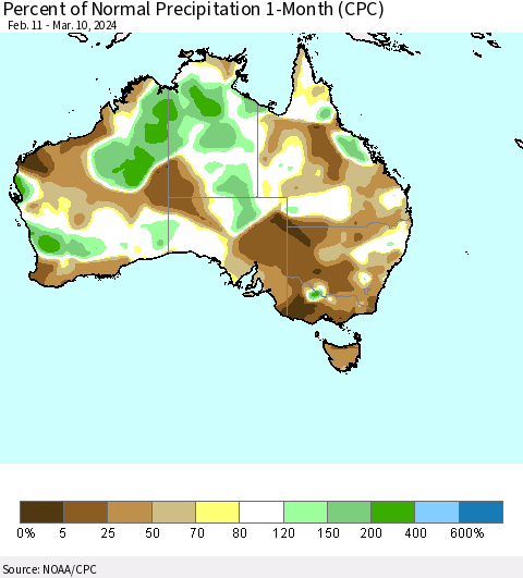 Australia Percent of Normal Precipitation 1-Month (CPC) Thematic Map For 2/11/2024 - 3/10/2024