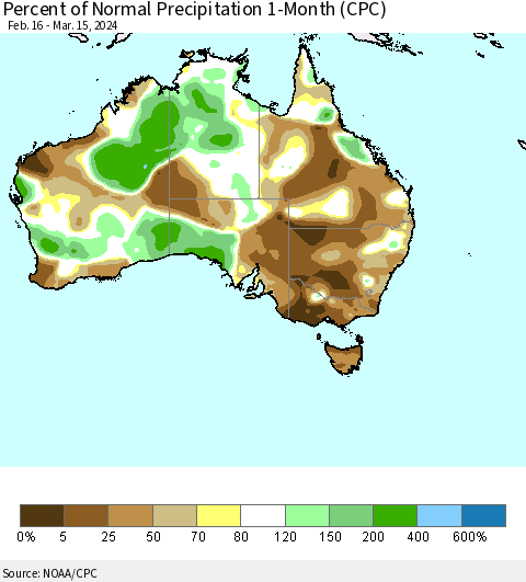 Australia Percent of Normal Precipitation 1-Month (CPC) Thematic Map For 2/16/2024 - 3/15/2024
