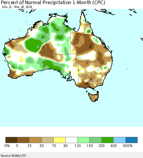 Australia Percent of Normal Precipitation 1-Month (CPC) Thematic Map For 2/21/2024 - 3/20/2024