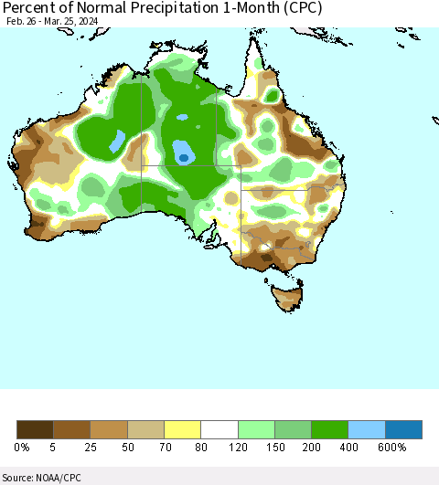 Australia Percent of Normal Precipitation 1-Month (CPC) Thematic Map For 2/26/2024 - 3/25/2024