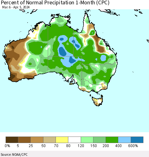 Australia Percent of Normal Precipitation 1-Month (CPC) Thematic Map For 3/6/2024 - 4/5/2024