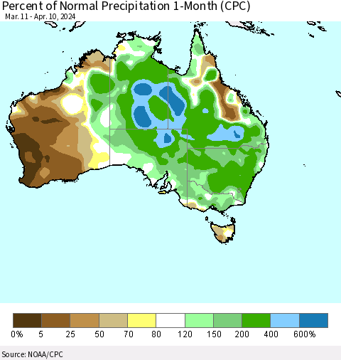 Australia Percent of Normal Precipitation 1-Month (CPC) Thematic Map For 3/11/2024 - 4/10/2024