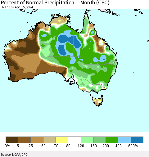 Australia Percent of Normal Precipitation 1-Month (CPC) Thematic Map For 3/16/2024 - 4/15/2024