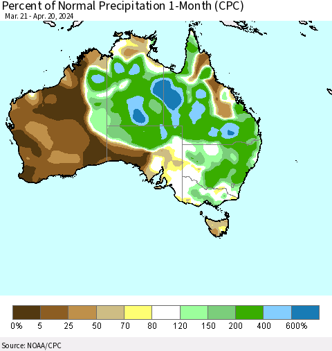 Australia Percent of Normal Precipitation 1-Month (CPC) Thematic Map For 3/21/2024 - 4/20/2024