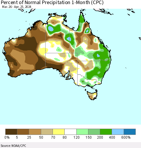 Australia Percent of Normal Precipitation 1-Month (CPC) Thematic Map For 3/26/2024 - 4/25/2024