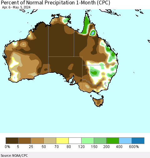 Australia Percent of Normal Precipitation 1-Month (CPC) Thematic Map For 4/6/2024 - 5/5/2024