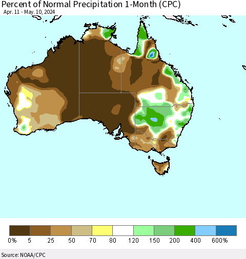 Australia Percent of Normal Precipitation 1-Month (CPC) Thematic Map For 4/11/2024 - 5/10/2024