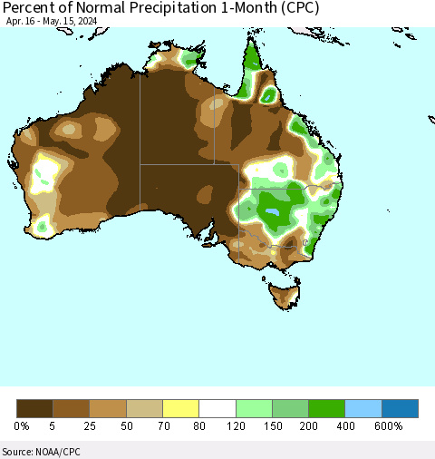 Australia Percent of Normal Precipitation 1-Month (CPC) Thematic Map For 4/16/2024 - 5/15/2024