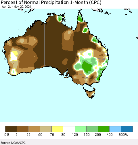 Australia Percent of Normal Precipitation 1-Month (CPC) Thematic Map For 4/21/2024 - 5/20/2024