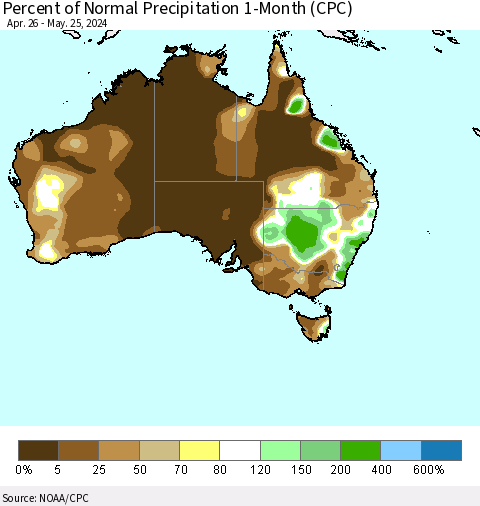 Australia Percent of Normal Precipitation 1-Month (CPC) Thematic Map For 4/26/2024 - 5/25/2024