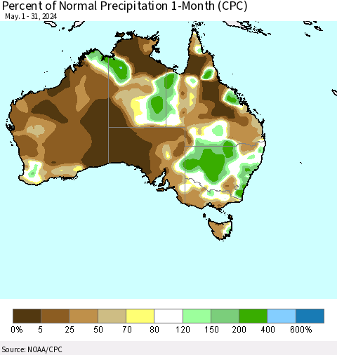Australia Percent of Normal Precipitation 1-Month (CPC) Thematic Map For 5/1/2024 - 5/31/2024