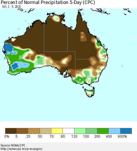 Australia Percent of Normal Precipitation 5-Day (CPC) Thematic Map For 10/1/2021 - 10/5/2021