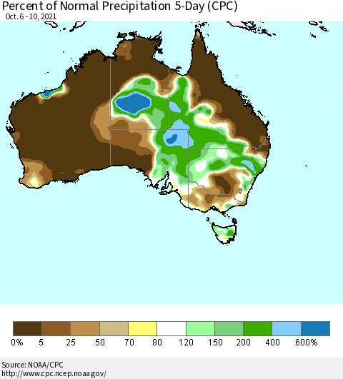 Australia Percent of Normal Precipitation 5-Day (CPC) Thematic Map For 10/6/2021 - 10/10/2021
