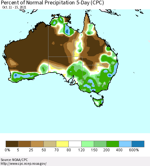 Australia Percent of Normal Precipitation 5-Day (CPC) Thematic Map For 10/11/2021 - 10/15/2021