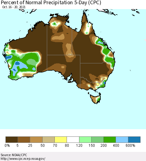 Australia Percent of Normal Precipitation 5-Day (CPC) Thematic Map For 10/16/2021 - 10/20/2021
