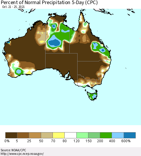 Australia Percent of Normal Precipitation 5-Day (CPC) Thematic Map For 10/21/2021 - 10/25/2021