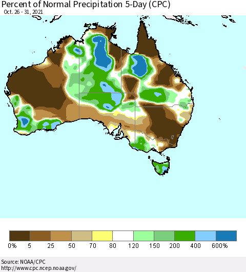 Australia Percent of Normal Precipitation 5-Day (CPC) Thematic Map For 10/26/2021 - 10/31/2021