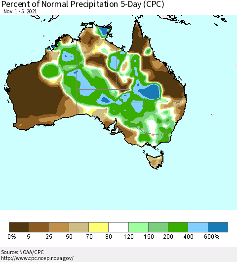 Australia Percent of Normal Precipitation 5-Day (CPC) Thematic Map For 11/1/2021 - 11/5/2021