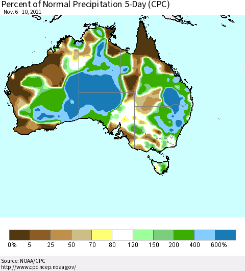 Australia Percent of Normal Precipitation 5-Day (CPC) Thematic Map For 11/6/2021 - 11/10/2021