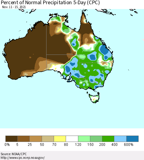 Australia Percent of Normal Precipitation 5-Day (CPC) Thematic Map For 11/11/2021 - 11/15/2021
