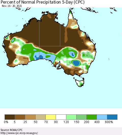 Australia Percent of Normal Precipitation 5-Day (CPC) Thematic Map For 11/16/2021 - 11/20/2021