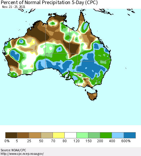 Australia Percent of Normal Precipitation 5-Day (CPC) Thematic Map For 11/21/2021 - 11/25/2021