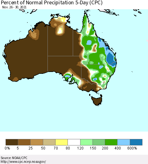 Australia Percent of Normal Precipitation 5-Day (CPC) Thematic Map For 11/26/2021 - 11/30/2021