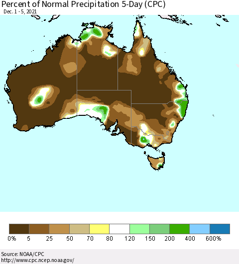 Australia Percent of Normal Precipitation 5-Day (CPC) Thematic Map For 12/1/2021 - 12/5/2021