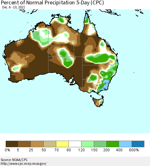 Australia Percent of Normal Precipitation 5-Day (CPC) Thematic Map For 12/6/2021 - 12/10/2021