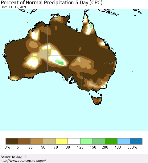 Australia Percent of Normal Precipitation 5-Day (CPC) Thematic Map For 12/11/2021 - 12/15/2021