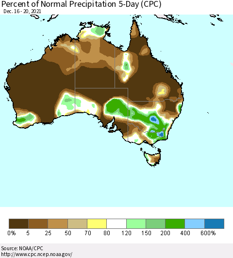 Australia Percent of Normal Precipitation 5-Day (CPC) Thematic Map For 12/16/2021 - 12/20/2021