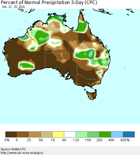 Australia Percent of Normal Precipitation 5-Day (CPC) Thematic Map For 12/21/2021 - 12/25/2021