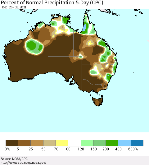 Australia Percent of Normal Precipitation 5-Day (CPC) Thematic Map For 12/26/2021 - 12/31/2021