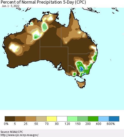 Australia Percent of Normal Precipitation 5-Day (CPC) Thematic Map For 1/1/2022 - 1/5/2022