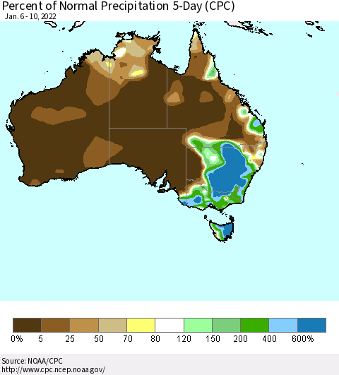 Australia Percent of Normal Precipitation 5-Day (CPC) Thematic Map For 1/6/2022 - 1/10/2022