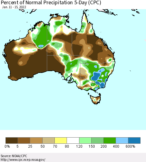 Australia Percent of Normal Precipitation 5-Day (CPC) Thematic Map For 1/11/2022 - 1/15/2022