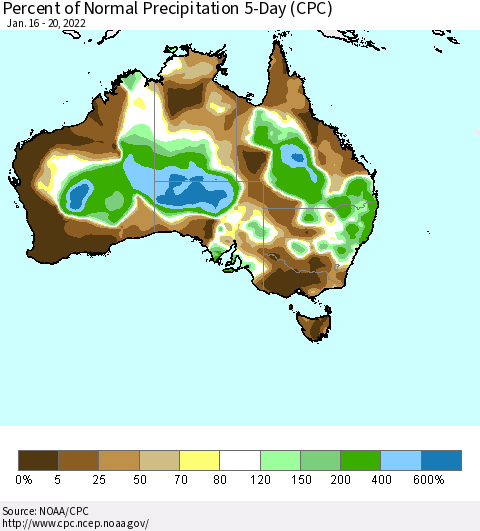 Australia Percent of Normal Precipitation 5-Day (CPC) Thematic Map For 1/16/2022 - 1/20/2022