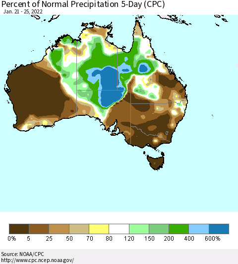 Australia Percent of Normal Precipitation 5-Day (CPC) Thematic Map For 1/21/2022 - 1/25/2022