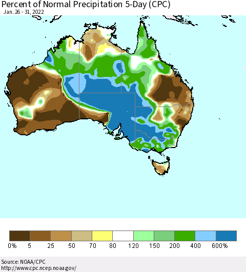 Australia Percent of Normal Precipitation 5-Day (CPC) Thematic Map For 1/26/2022 - 1/31/2022