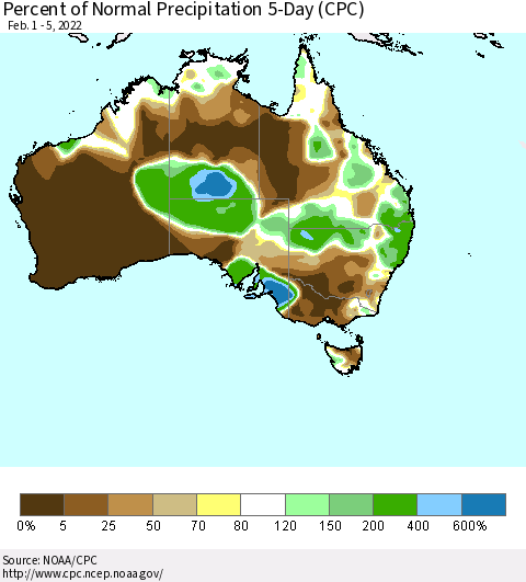Australia Percent of Normal Precipitation 5-Day (CPC) Thematic Map For 2/1/2022 - 2/5/2022