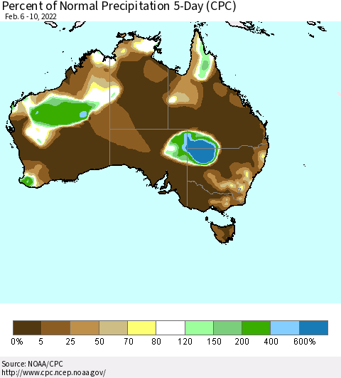 Australia Percent of Normal Precipitation 5-Day (CPC) Thematic Map For 2/6/2022 - 2/10/2022
