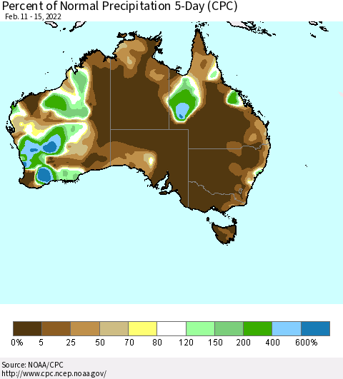 Australia Percent of Normal Precipitation 5-Day (CPC) Thematic Map For 2/11/2022 - 2/15/2022