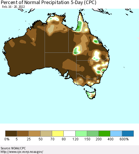 Australia Percent of Normal Precipitation 5-Day (CPC) Thematic Map For 2/16/2022 - 2/20/2022