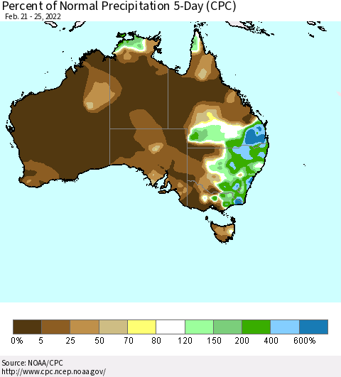 Australia Percent of Normal Precipitation 5-Day (CPC) Thematic Map For 2/21/2022 - 2/25/2022