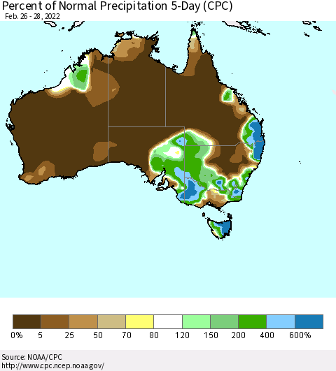 Australia Percent of Normal Precipitation 5-Day (CPC) Thematic Map For 2/26/2022 - 2/28/2022