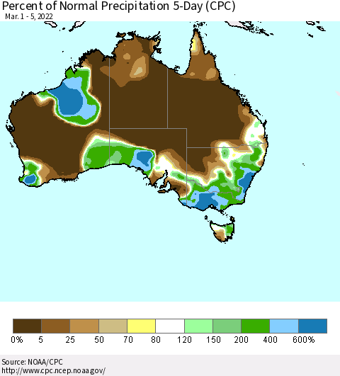 Australia Percent of Normal Precipitation 5-Day (CPC) Thematic Map For 3/1/2022 - 3/5/2022