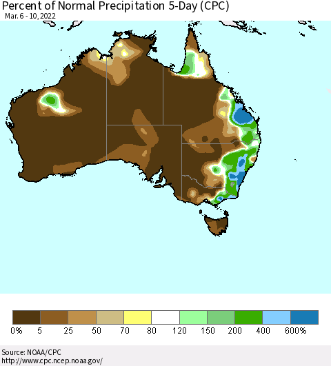 Australia Percent of Normal Precipitation 5-Day (CPC) Thematic Map For 3/6/2022 - 3/10/2022