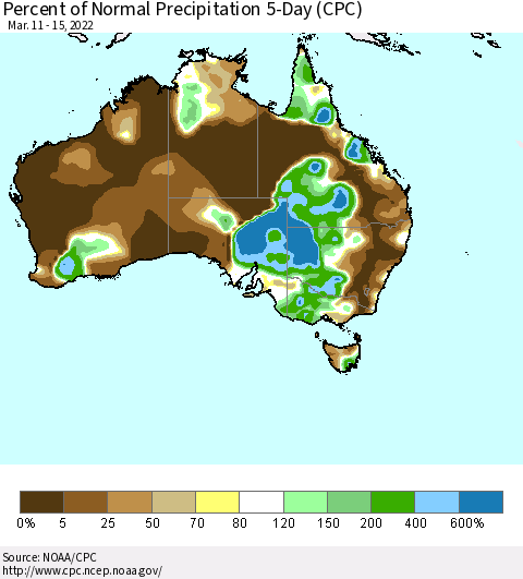 Australia Percent of Normal Precipitation 5-Day (CPC) Thematic Map For 3/11/2022 - 3/15/2022