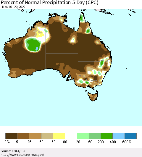 Australia Percent of Normal Precipitation 5-Day (CPC) Thematic Map For 3/16/2022 - 3/20/2022