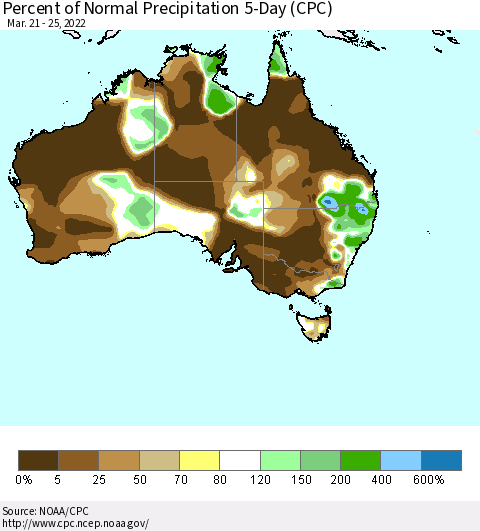 Australia Percent of Normal Precipitation 5-Day (CPC) Thematic Map For 3/21/2022 - 3/25/2022